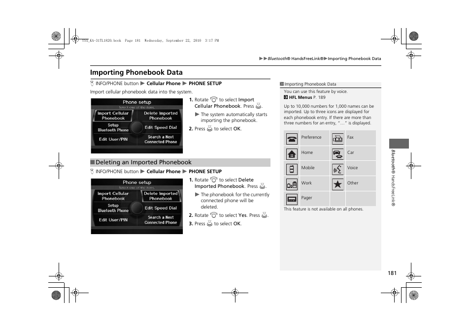 Importing phonebook data 181, Importing phonebook data | Acura 2011 TSX Navigation User Manual | Page 183 / 253