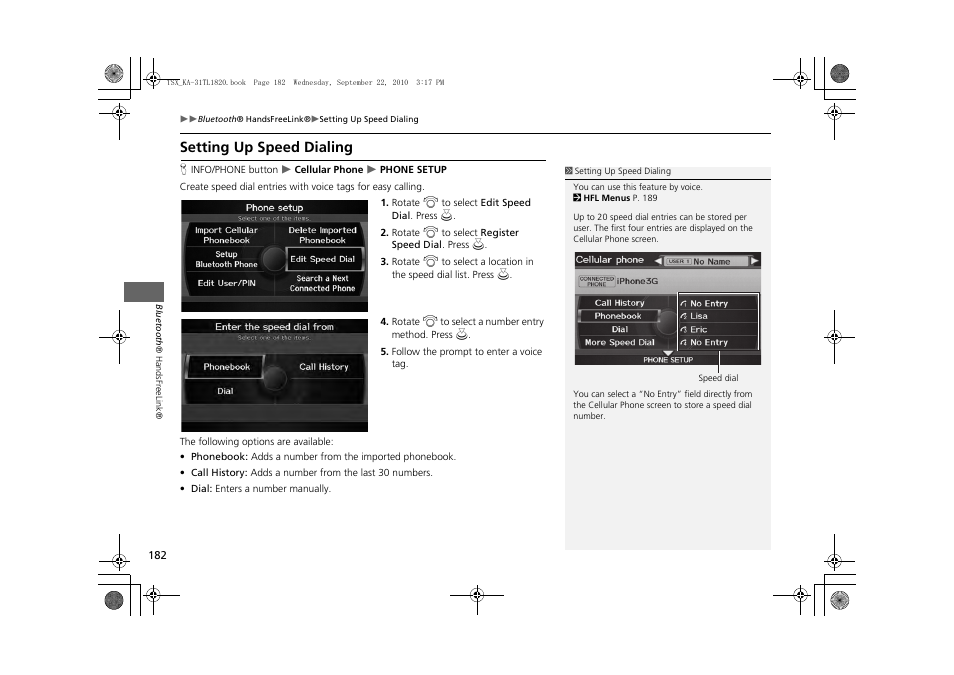 Setting up speed dialing 182, Setting up speed dialing, 2 setting up speed dialing | P. 182 | Acura 2011 TSX Navigation User Manual | Page 184 / 253