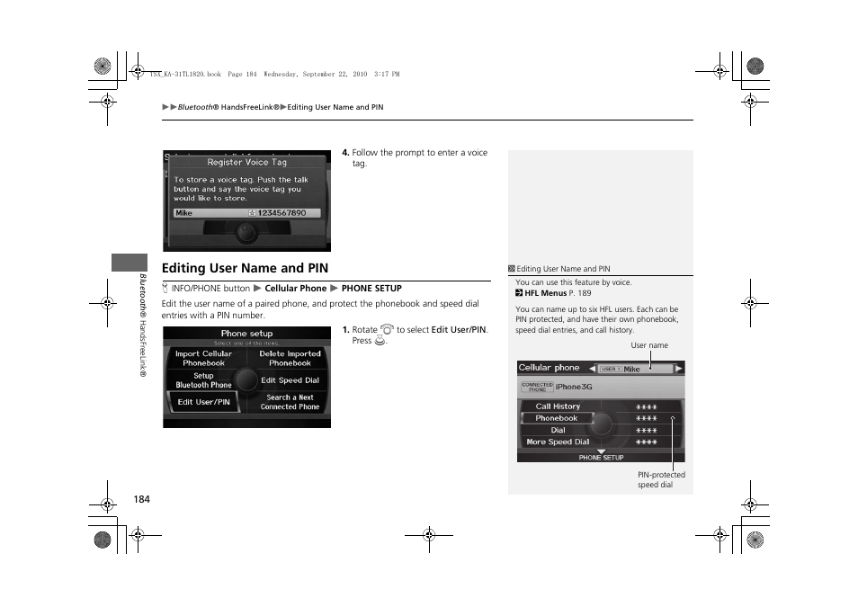 Editing user name and pin 184, Editing user name and pin | Acura 2011 TSX Navigation User Manual | Page 186 / 253