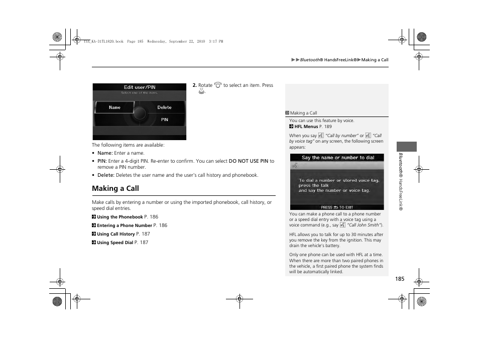 Making a call 185, Making a call | Acura 2011 TSX Navigation User Manual | Page 187 / 253