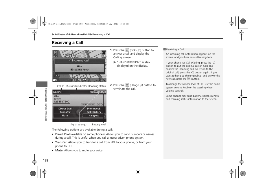 Receiving a call 188, P188), Tton | Receiving a call | Acura 2011 TSX Navigation User Manual | Page 190 / 253