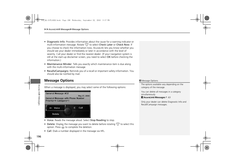 Message options 196, Message options, 2 message options p. 196 | Acura 2011 TSX Navigation User Manual | Page 198 / 253