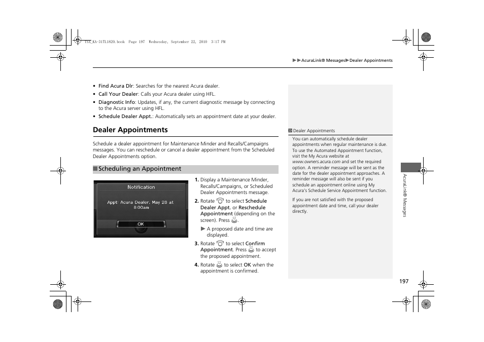 Dealer appointments 197, Dealer appointments, 2 dealer appointments | P. 197 | Acura 2011 TSX Navigation User Manual | Page 199 / 253