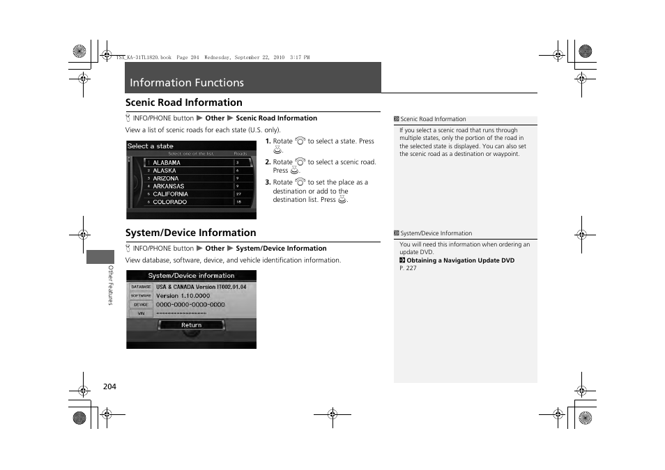 Information functions 204, Information functions, Scenic road information system/device information | Scenic road information, System/device information | Acura 2011 TSX Navigation User Manual | Page 206 / 253
