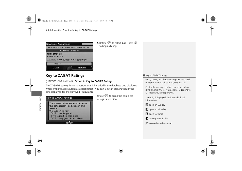 2 key to zagat ratings p. 206, Key to zagat ratings | Acura 2011 TSX Navigation User Manual | Page 208 / 253