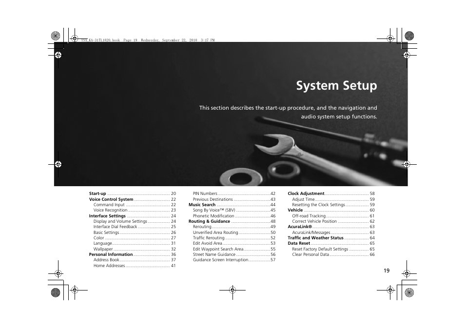 2 system setup p. 19, System setup, P.19 | Acura 2011 TSX Navigation User Manual | Page 21 / 253