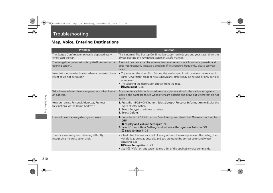 Troubleshooting 210, Troubleshooting, Map, voice, entering destinations | Acura 2011 TSX Navigation User Manual | Page 212 / 253