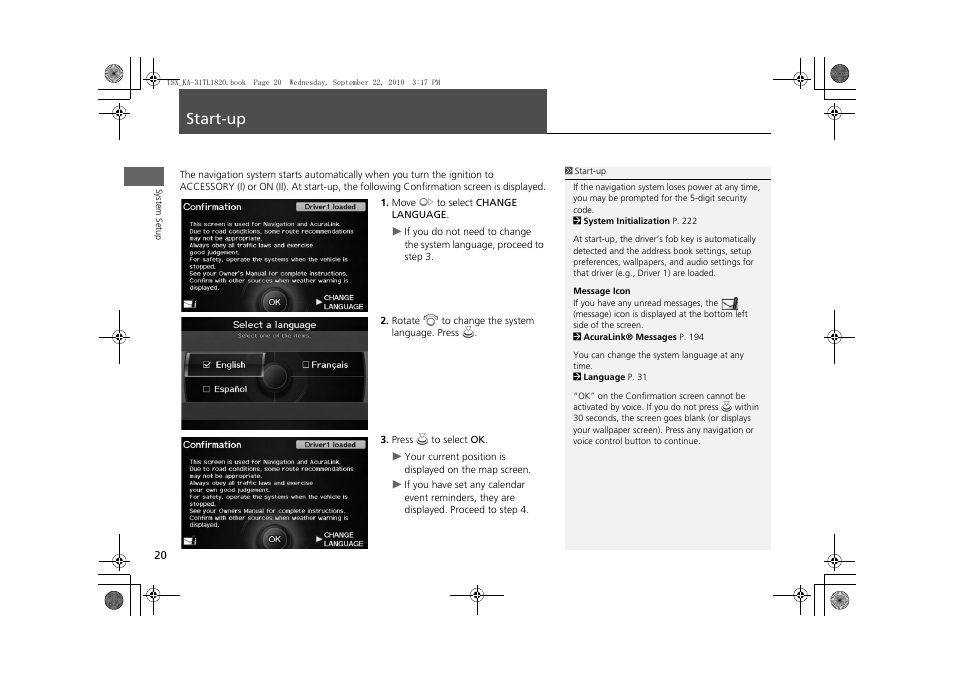 Start-up 20, Start-up | Acura 2011 TSX Navigation User Manual | Page 22 / 253
