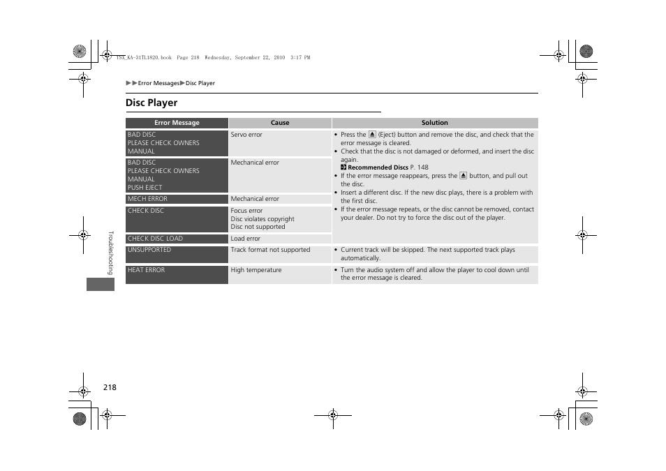 Disc player | Acura 2011 TSX Navigation User Manual | Page 220 / 253