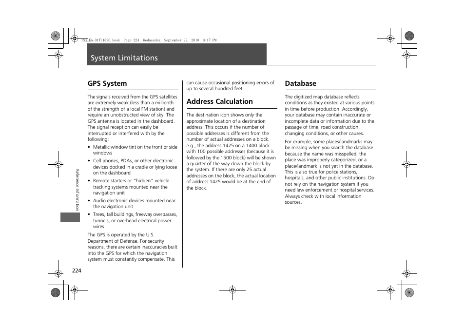 System limitations 224, 2 gps system p. 224, System limitations | Gps system address calculation database, Gps system, Address calculation, Database | Acura 2011 TSX Navigation User Manual | Page 226 / 253