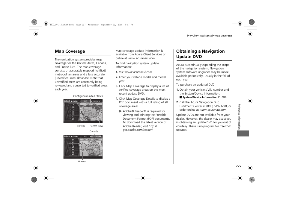 2 map coverage p. 227, Map coverage obtaining a navigation update dvd, 2 obtaining a navigation update dvd | P. 227, Map coverage, Obtaining a navigation update dvd | Acura 2011 TSX Navigation User Manual | Page 229 / 253