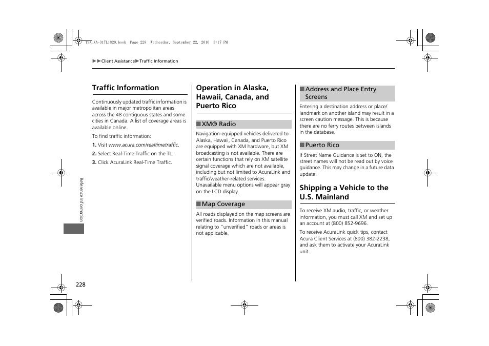 Puerto rico, Shipping a vehicle to the u.s. mainland228, Traffic information | Shipping a vehicle to the u.s. mainland | Acura 2011 TSX Navigation User Manual | Page 230 / 253