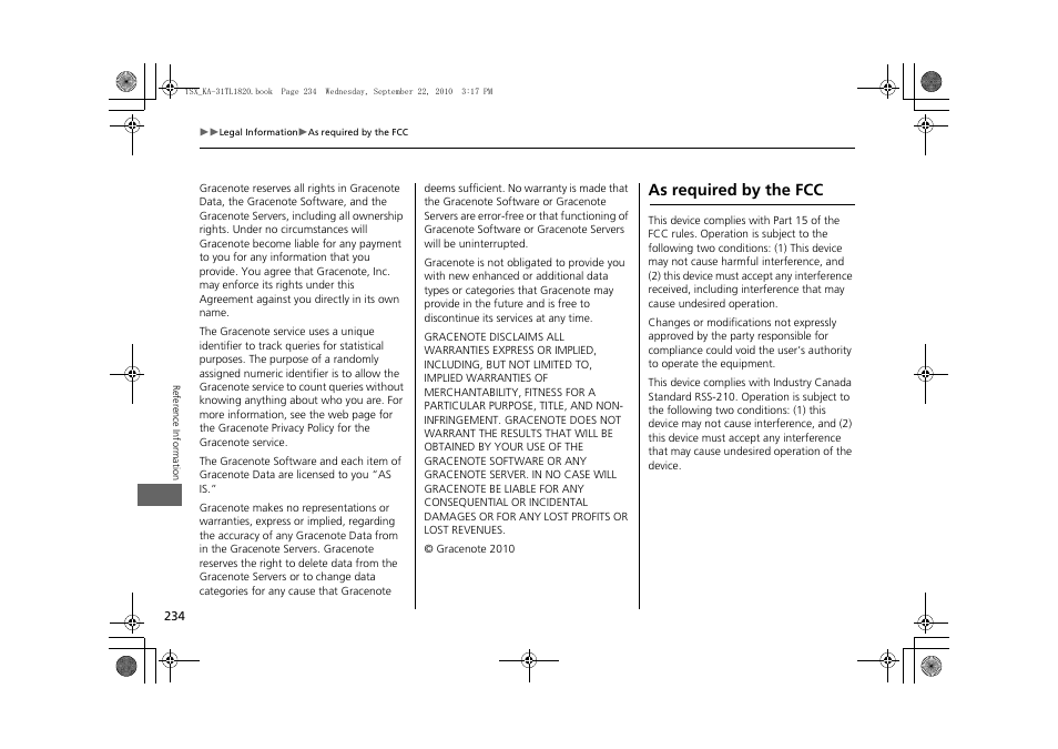 As required by the fcc | Acura 2011 TSX Navigation User Manual | Page 236 / 253