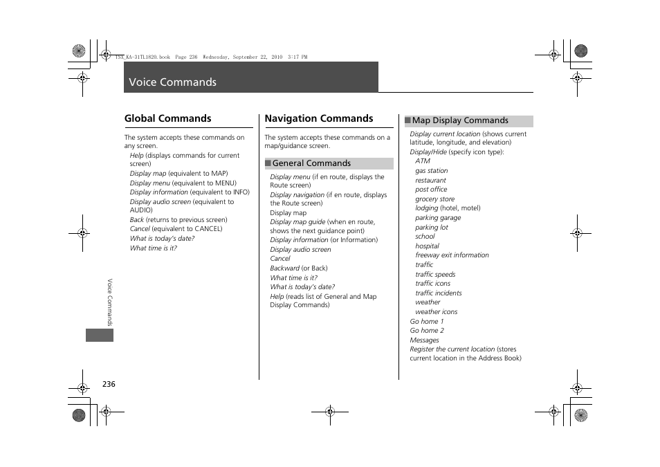 Voice commands 236, 2 voice commands, P. 236 | Oice commands. 2 global commands p. 236, 2 map display commands p. 236, Mmands. 2 map display commands p. 236, Voice commands, Global commands navigation commands | Acura 2011 TSX Navigation User Manual | Page 238 / 253