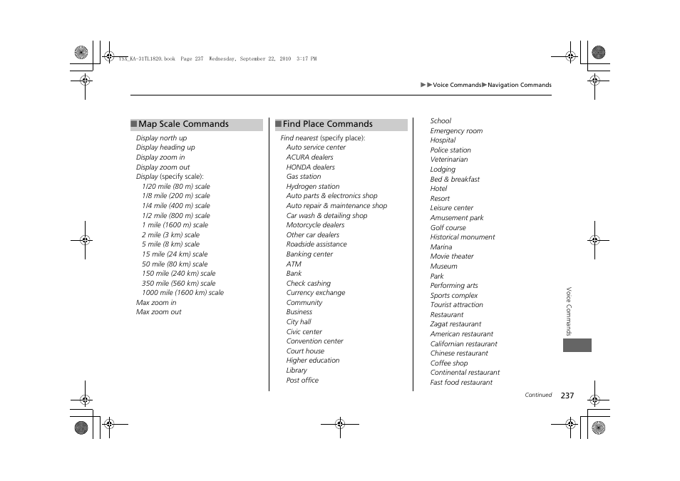 2 map scale commands p. 237 | Acura 2011 TSX Navigation User Manual | Page 239 / 253