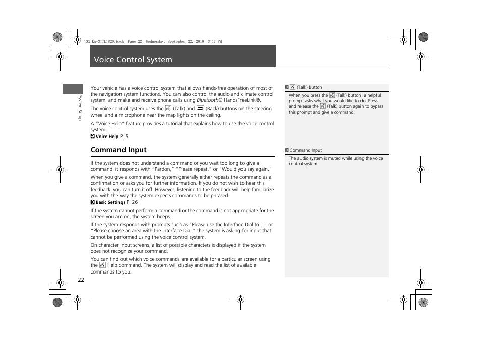Voice control system 22, P22), Voice control system | Command input | Acura 2011 TSX Navigation User Manual | Page 24 / 253