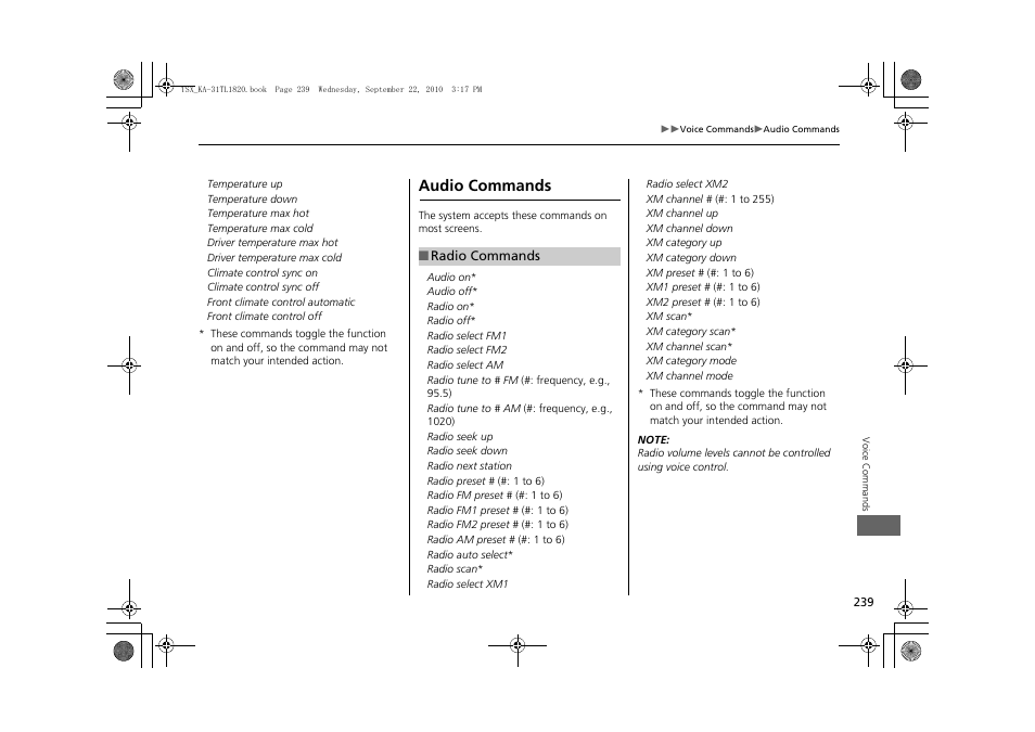 2 radio commands p. 239, Audio commands | Acura 2011 TSX Navigation User Manual | Page 241 / 253