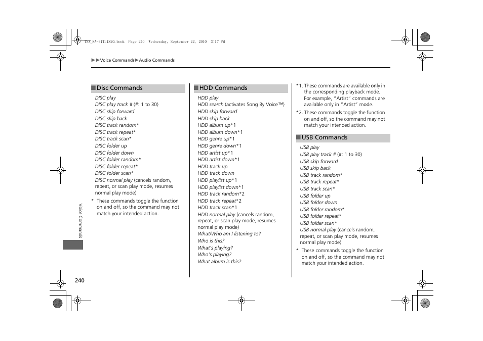 2 disc commands p. 240, Control commands. 2 hdd commands p. 240, 2 usb commands p. 240 | Acura 2011 TSX Navigation User Manual | Page 242 / 253