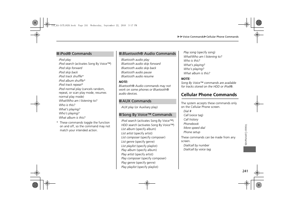 Commands. 2 ipod® commands p. 241, 2 song by voice™ commands p. 241, Cellular phone commands | Acura 2011 TSX Navigation User Manual | Page 243 / 253