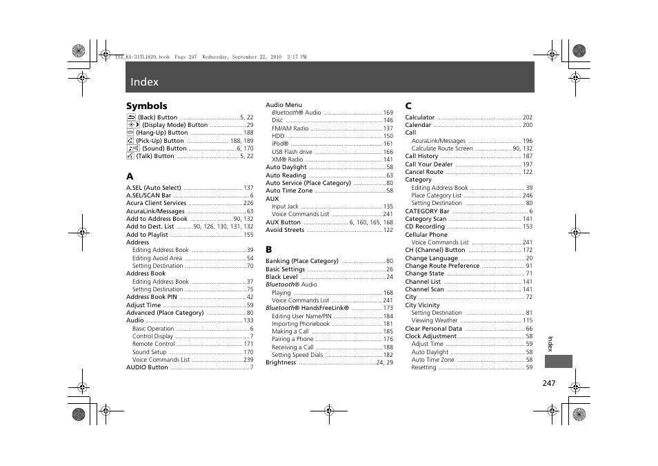 Index, P.247, Symbols | Acura 2011 TSX Navigation User Manual | Page 249 / 253