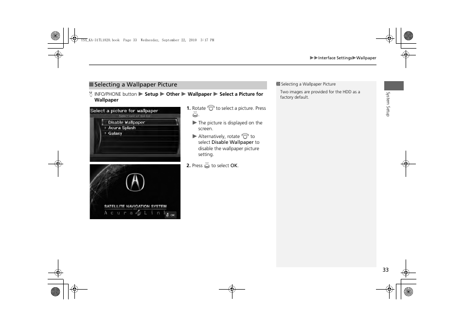 Paper, 2 selecting a wallpaper picture, P. 33 | Acura 2011 TSX Navigation User Manual | Page 35 / 253