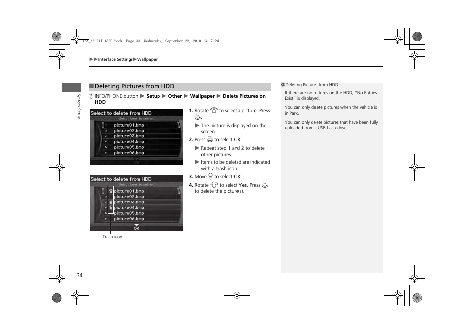 2 deleting pictures from hdd, P. 34 | Acura 2011 TSX Navigation User Manual | Page 36 / 253