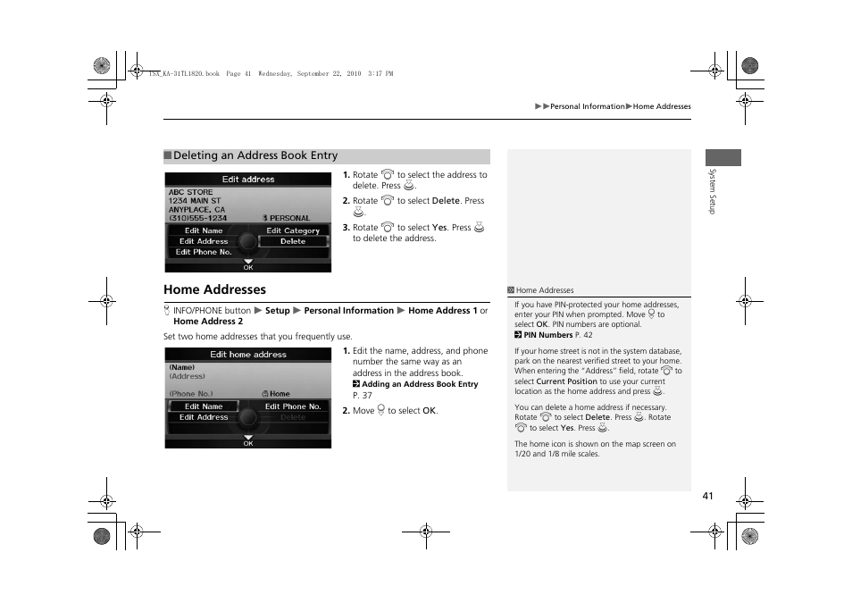 P41), Home addresses, 2 home addresses | P. 41, Dress | Acura 2011 TSX Navigation User Manual | Page 43 / 253