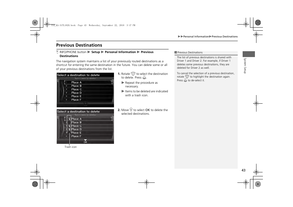 Previous destinations, History, 2 previous destinations | P. 43 | Acura 2011 TSX Navigation User Manual | Page 45 / 253
