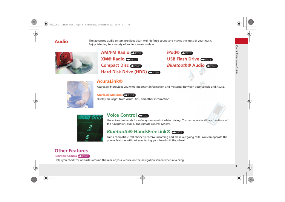 Other features, Audio, Acuralink | Voice control, Bluetooth ® handsfreelink | Acura 2011 TSX Navigation User Manual | Page 5 / 253