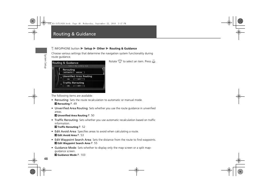 Routing & guidance 48, Routing & guidance | Acura 2011 TSX Navigation User Manual | Page 50 / 253