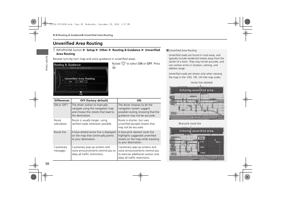 Unverified area routing, 2 unverified area routing, P. 50 | Acura 2011 TSX Navigation User Manual | Page 52 / 253