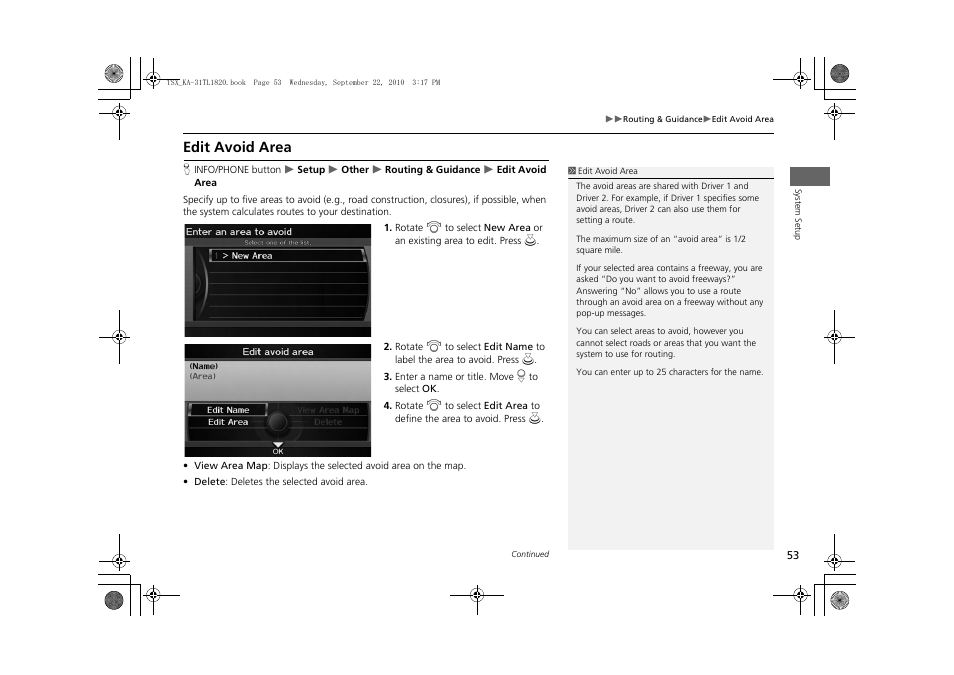 Edit avoid area, Route, 2 edit avoid area | P. 53 | Acura 2011 TSX Navigation User Manual | Page 55 / 253