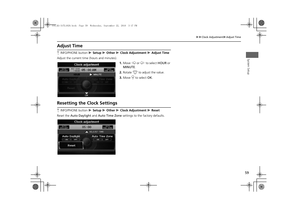 Adjust time resetting the clock settings, 2 adjust time, P. 59 | 2 resetting the clock settings, Adjust time, Resetting the clock settings | Acura 2011 TSX Navigation User Manual | Page 61 / 253