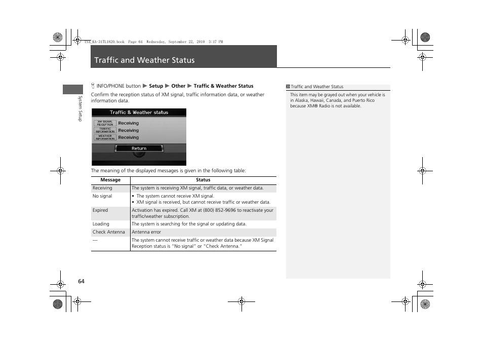 Traffic and weather status 64, Traffic and weather status | Acura 2011 TSX Navigation User Manual | Page 66 / 253