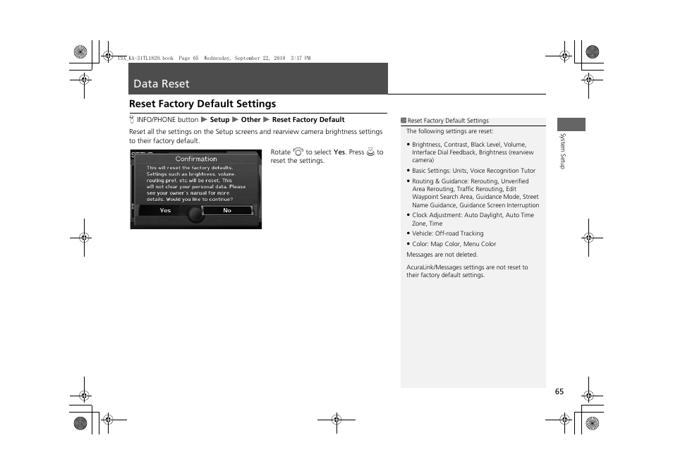 Data reset 65, Data reset, Reset factory default settings | Acura 2011 TSX Navigation User Manual | Page 67 / 253