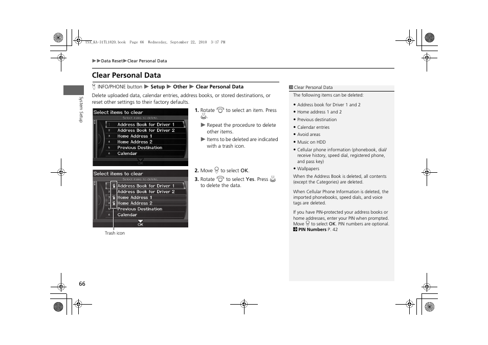 Clear personal data | Acura 2011 TSX Navigation User Manual | Page 68 / 253