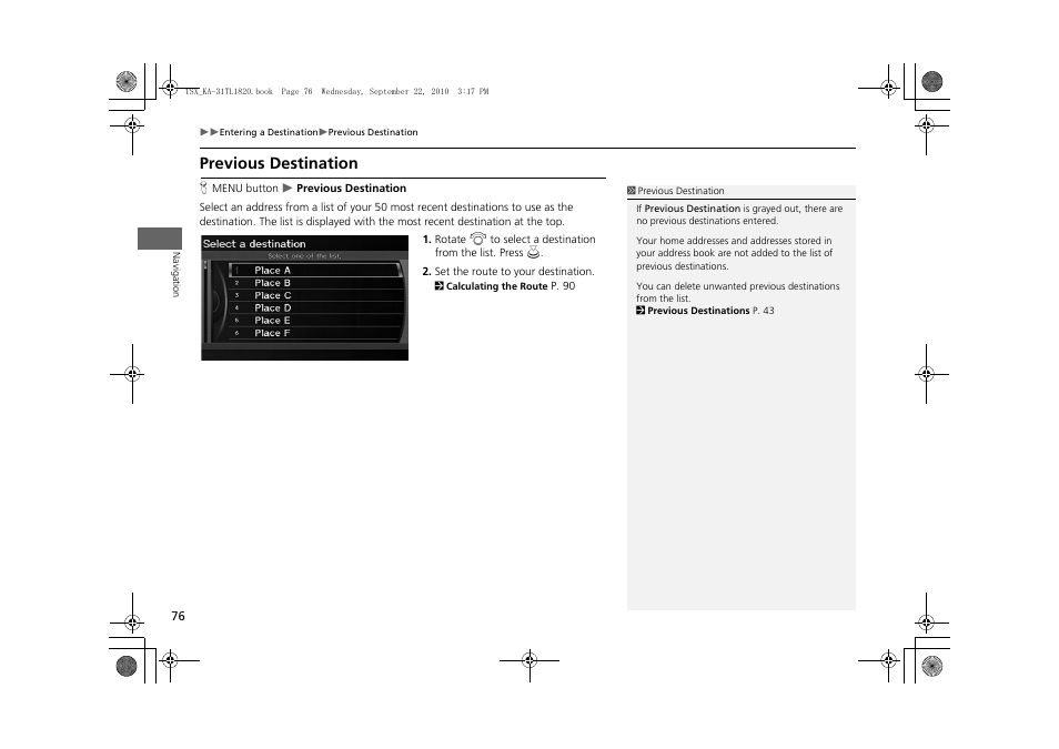 Ination, 2 previous destination, P. 76 | Previous destination | Acura 2011 TSX Navigation User Manual | Page 78 / 253