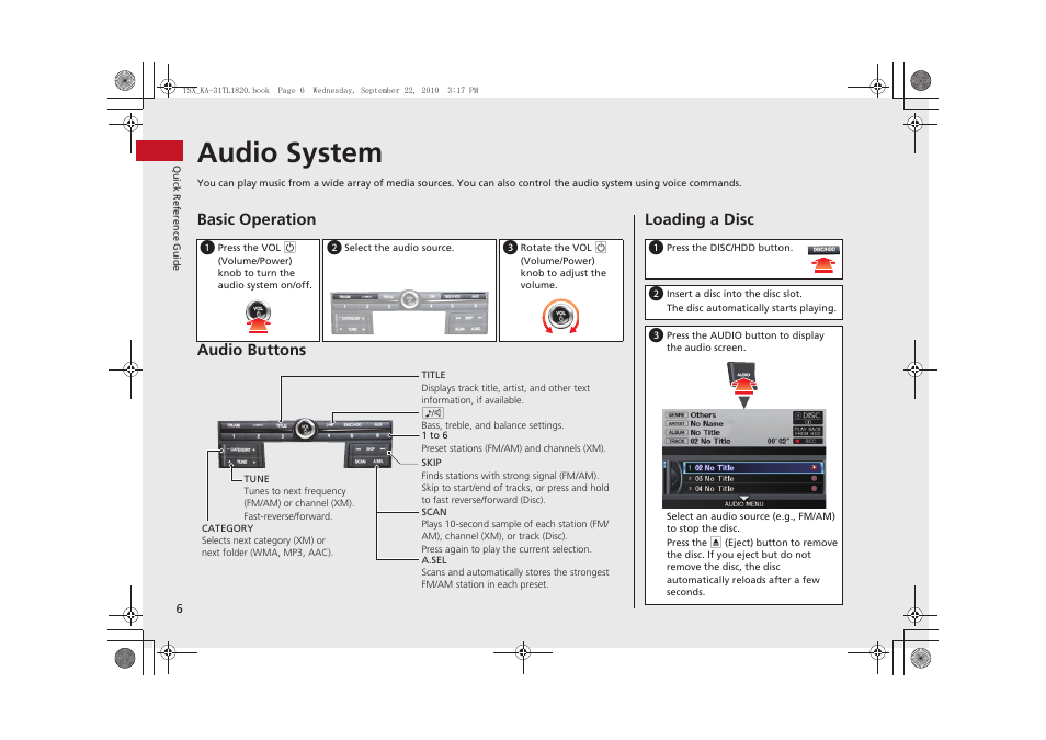 Sc slot, Audio system, Basic operation audio buttons | Loading a disc | Acura 2011 TSX Navigation User Manual | Page 8 / 253