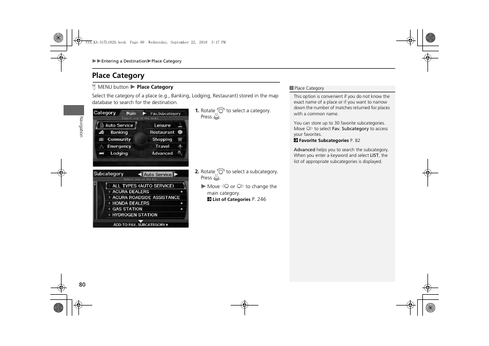 2 place category, P. 80, Place category | Acura 2011 TSX Navigation User Manual | Page 82 / 253