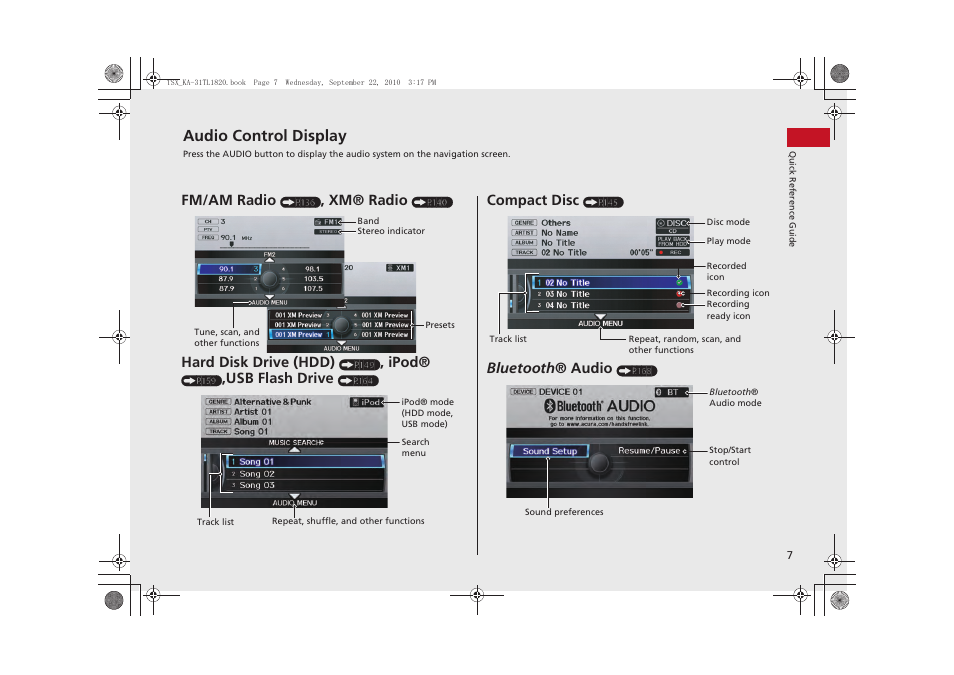 Audio control display, Fm/am ra dio, Xm® radio | Hard disk drive (hdd), Ipod, Usb flash drive, Compact disc, Bluetooth ® audio | Acura 2011 TSX Navigation User Manual | Page 9 / 253