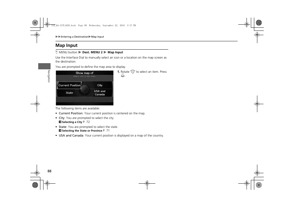 2 map input, P. 88, Map input | Acura 2011 TSX Navigation User Manual | Page 90 / 253