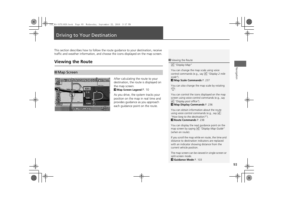 Driving to your destination 93, P93), Driving to your destination | Viewing the route, 2 driving to your destination, P. 93 | Acura 2011 TSX Navigation User Manual | Page 95 / 253