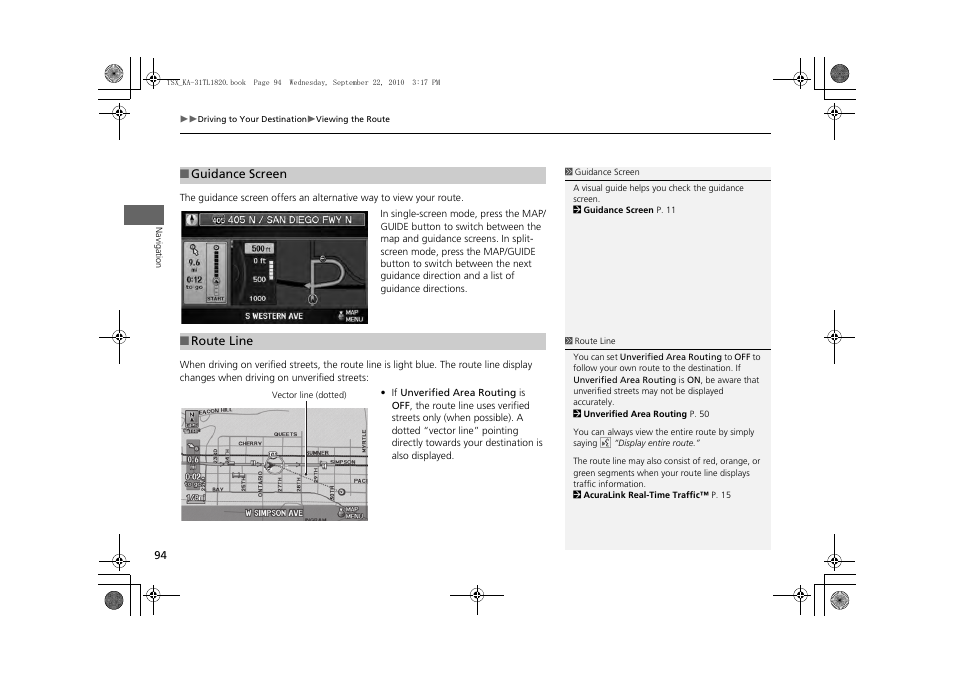 P94), P screen, 2 route line | P. 94 | Acura 2011 TSX Navigation User Manual | Page 96 / 253