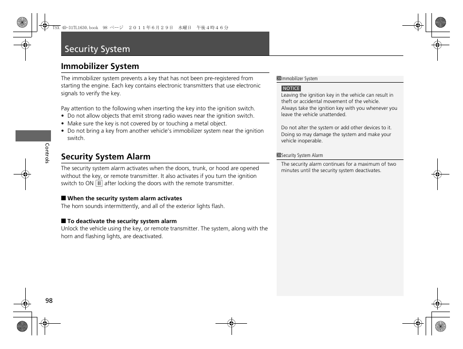 Security system, Security system alarm, Immobilizer system security system alarm | Immobilizer system | Acura 2012 TSX User Manual | Page 100 / 326