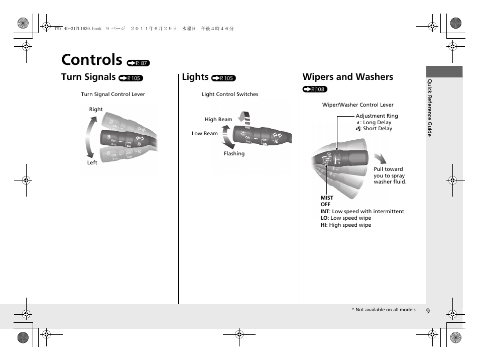 Controls (p 87), Controls, Turn signals | Lights, Wipers and washers | Acura 2012 TSX User Manual | Page 11 / 326