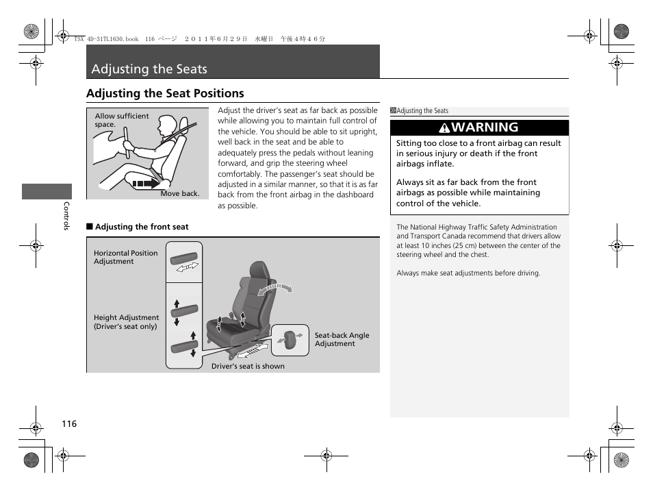 Adjusting the seats, P116, Adjusting the seats p. 116 | Adjusting the seat positions, Warning | Acura 2012 TSX User Manual | Page 118 / 326