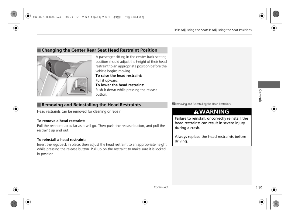 Warning | Acura 2012 TSX User Manual | Page 121 / 326