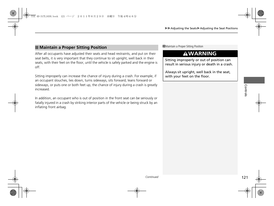 Warning | Acura 2012 TSX User Manual | Page 123 / 326