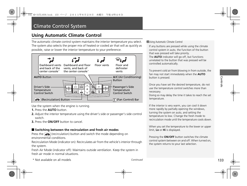 Climate control system p. 133, P133, Climate control system | Using automatic climate control | Acura 2012 TSX User Manual | Page 135 / 326