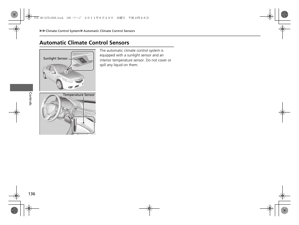 Automatic climate control sensors | Acura 2012 TSX User Manual | Page 138 / 326